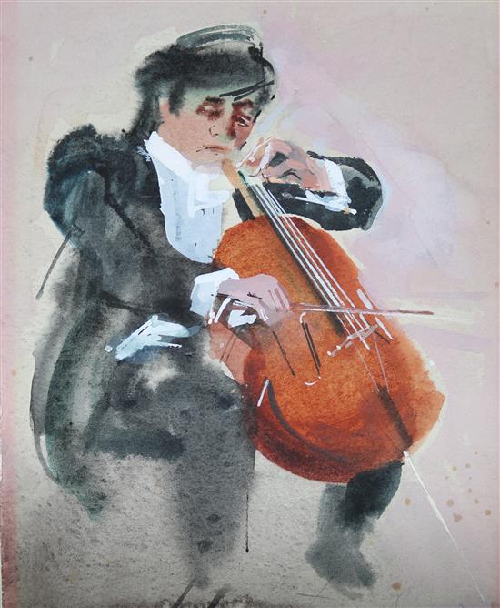 Frank Archer, watercolour of a cellist 6 x 12cm
